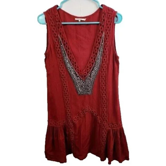 Tularosa Womens Sleeveless Tunic Top Small Red Beaded Crochet BOHO Coquette - Picture 1 of 9